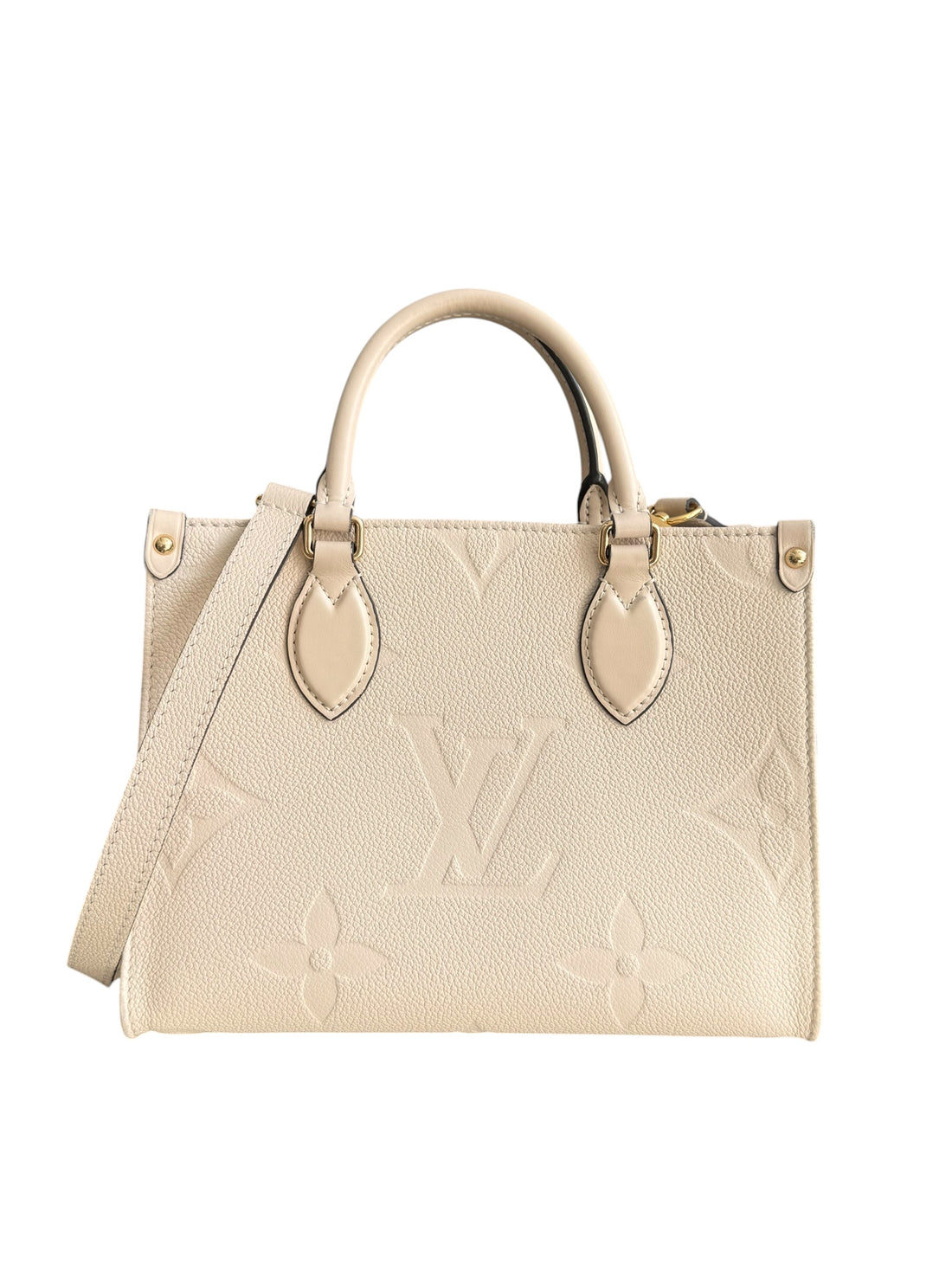 Louis Vuitton On-The-Go PM in Monogram Empreinte Leder in der Farbe creme mit abnehmbaren und verstellbaren Schulterriemen.