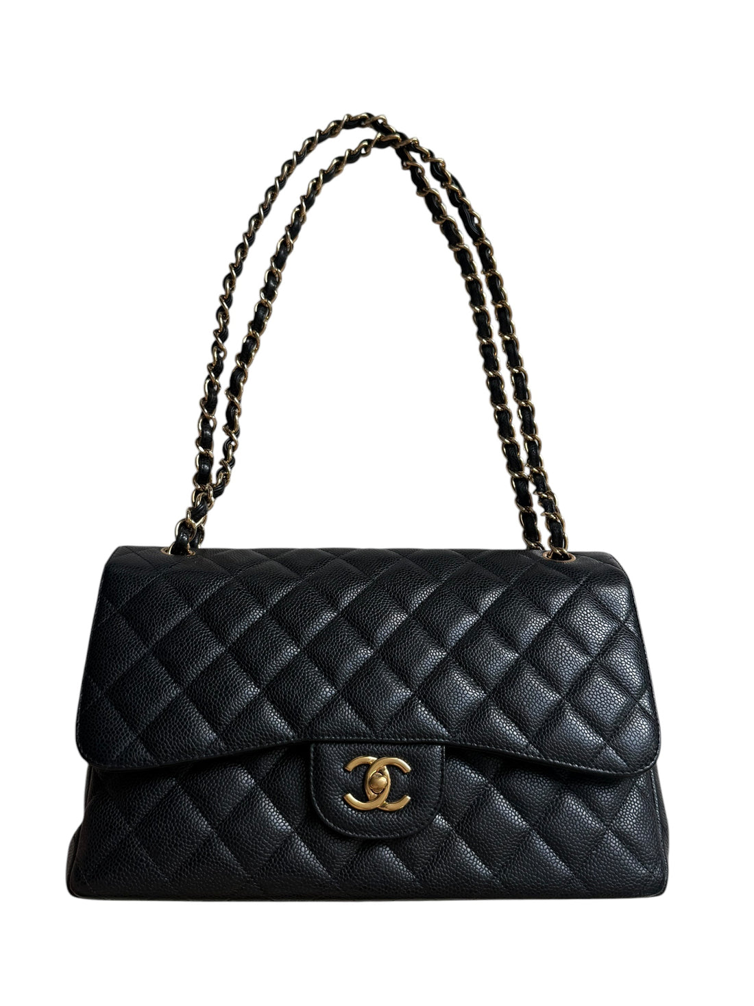Chanel Classic Timeless Jumbo Double Flap Bag aus schwarzem Caviarleder (genarbtes Kalbsleder) mit goldfarbener Hardware.