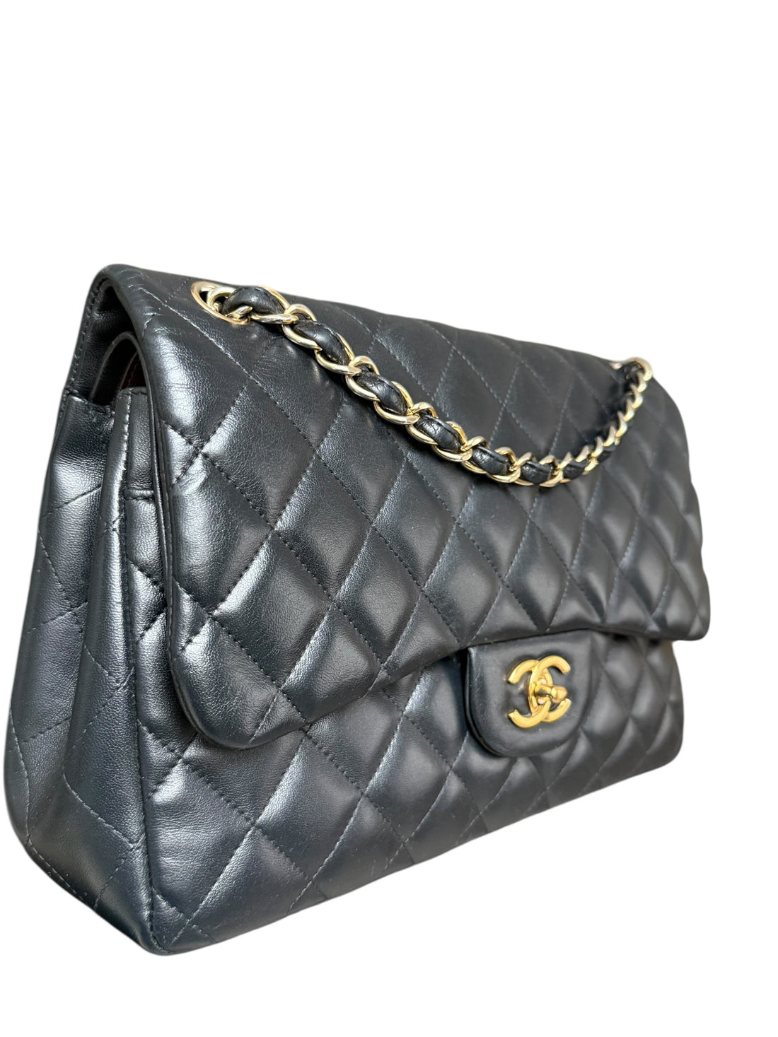 Chanel Classic Timeless Jumbo Double Flap Bag aus schwarzem Lammleder mit goldfarbener Hardware