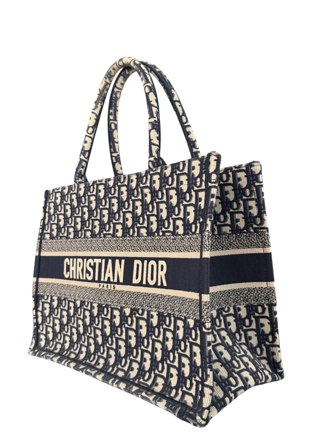 Christian Dior mittelgrosse Book Tote Oblique Stickerei in Ecru und Blau.