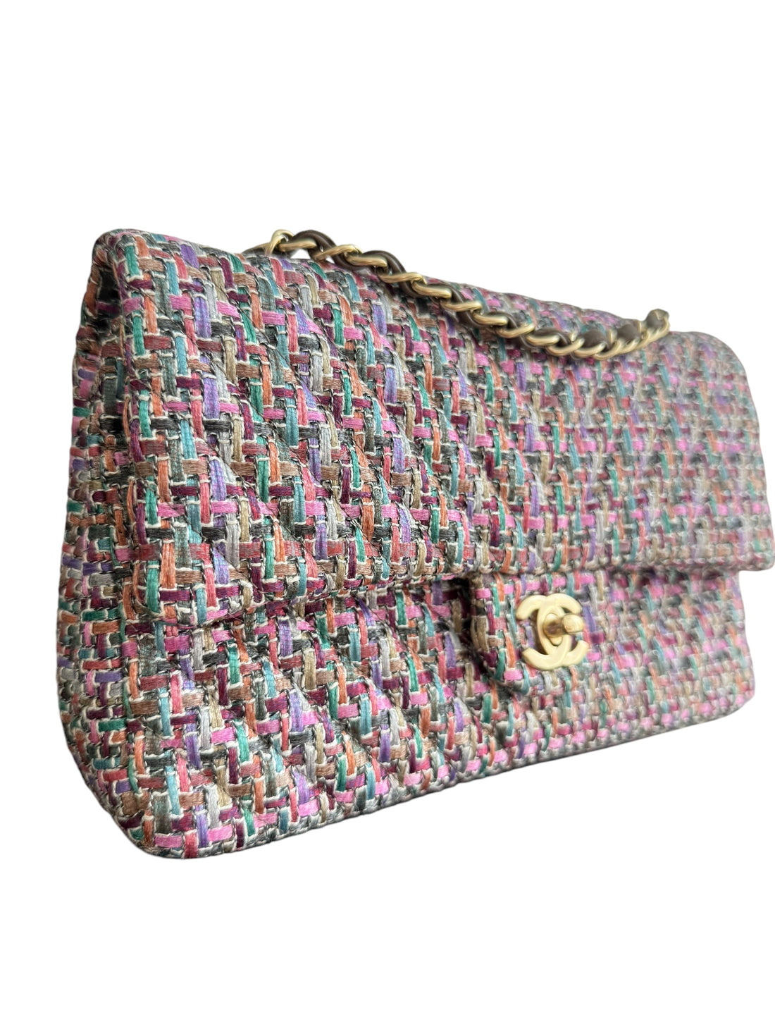 Chanel Timeless Double Flap Bag Medium mehrfarbig in den Farben rosa/lila/grau/turkis/grün/beige in Tweed