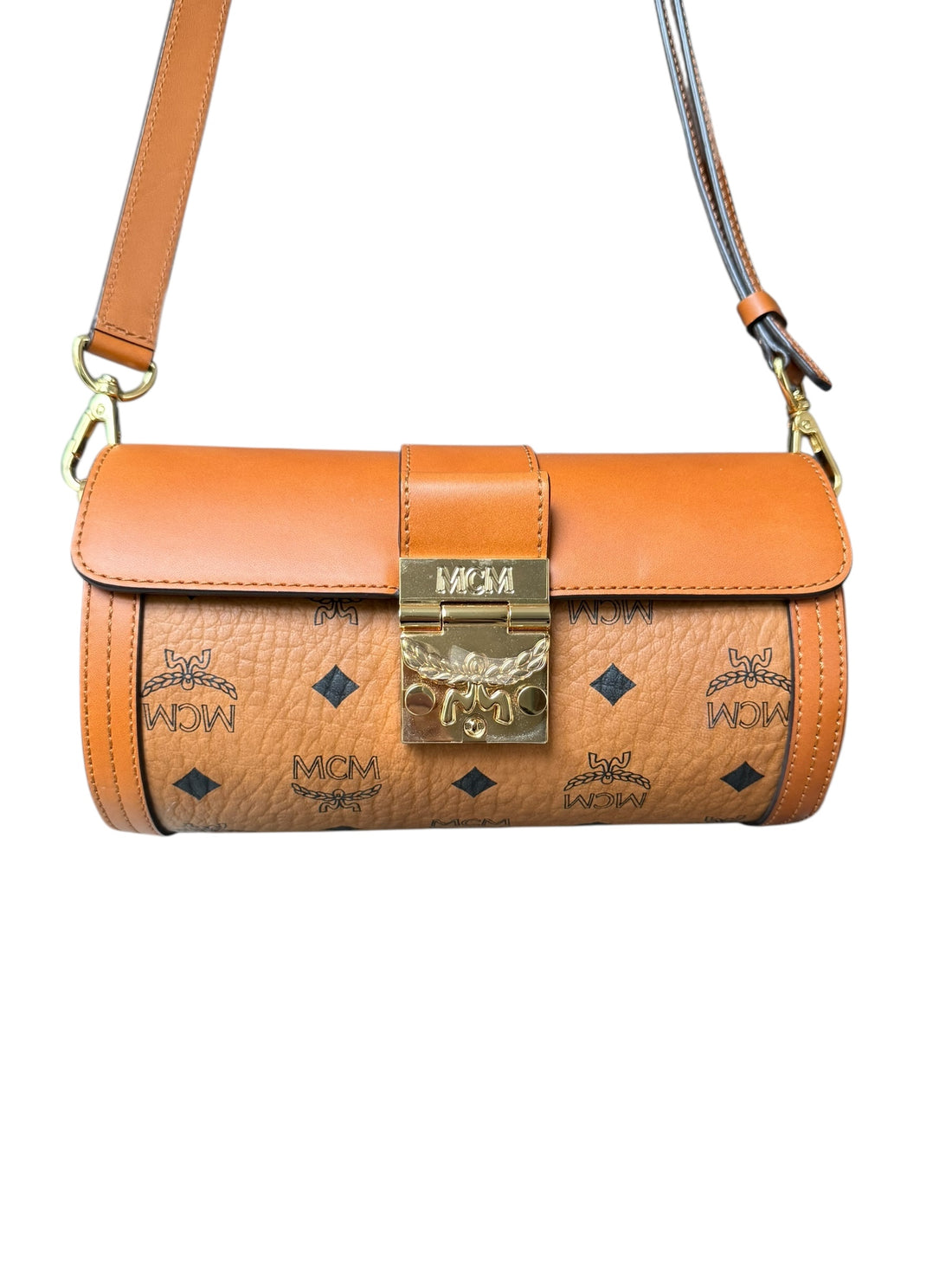 MCM Small Tracy Visetos Zylinder-Umhängetasche in Cognac-braunem beschichtetem Canvas und Leder.