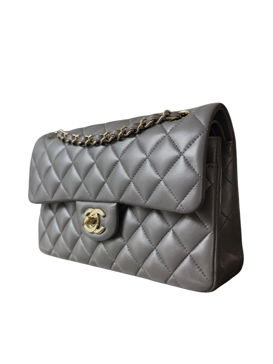 Chanel Classic Small Double Flap Tasche aus grauem Lammleder und champagnerfarbener Hardware