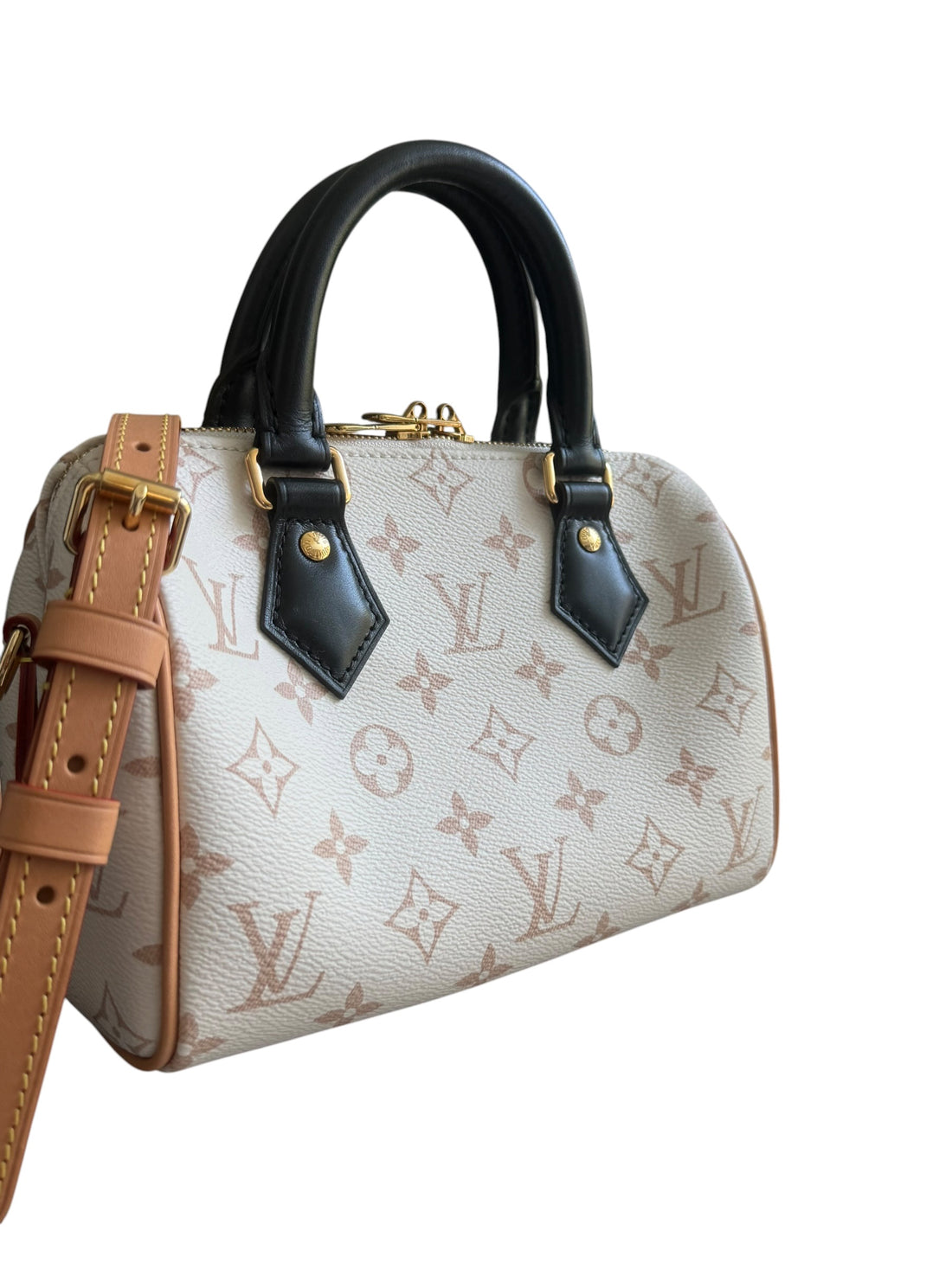 Louis Vuitton Monogram Dune Speedy Bandoulière 20er aus beschichtetem Canvas im speziellen, hellen Monogram Dune-Design.