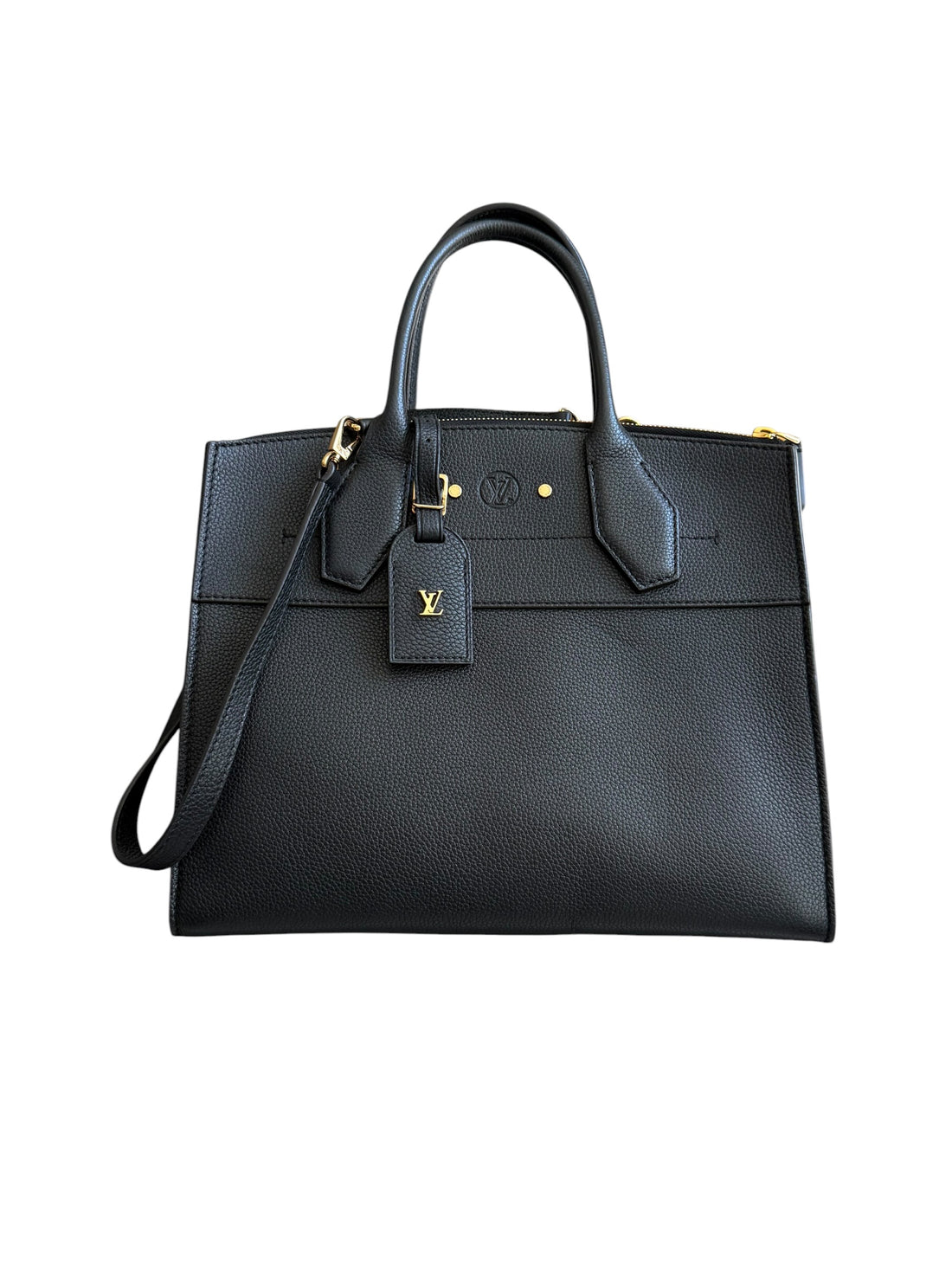 Louis Vuitton City Steamer MM Handtasche aus schwarzem genarbtem Taurillon Kalbsleder mit goldfarbenen Metalldetails und dem charakteristischen Vorhängeschloss.