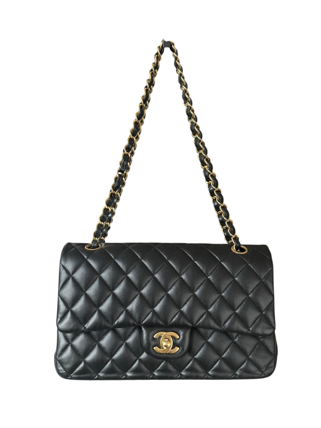 CHANEL Medium Classic Double Flap Bag aus schwarzem Lammleder und goldfarbener Hardware