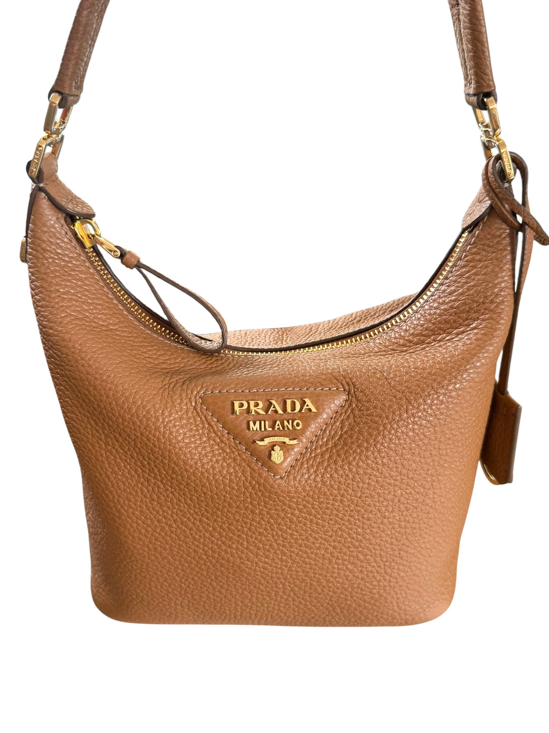 Prada Vitello Daino Soft Mini Schultertasche in Karamell.