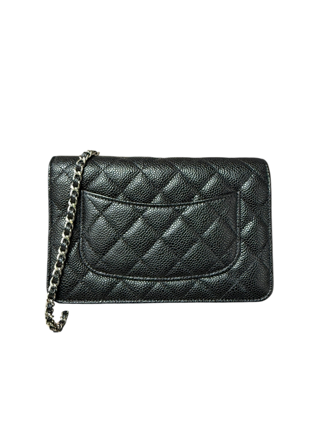 CHANEL WOC Wallet on Chain aus schwarzem genarbtem und glänzendem Kalbsleder Kaviarleder