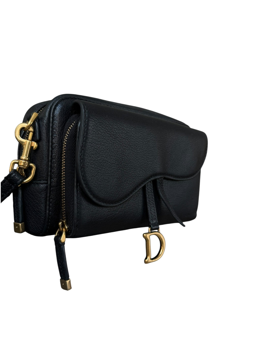 Dior Saddle Pouch aus schwarzem Ziegenleder und goldfarbener Hardware