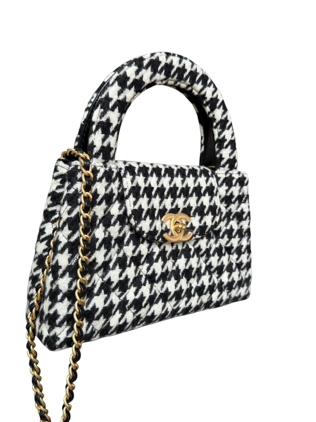 Chanel Mini Kelly 24A schwarz/weiss Tweed / Baumwolle