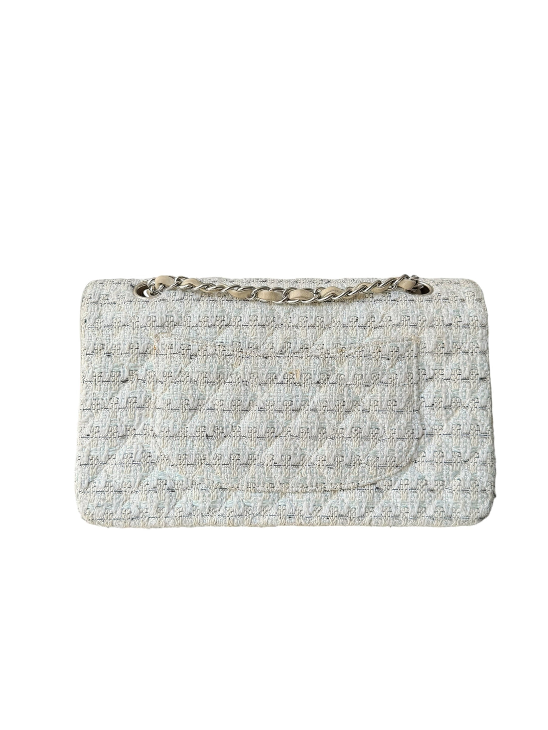Chanel Timeless Double Flap Bag Medium in den Farben beige/creme/grau und weiss in Tweed